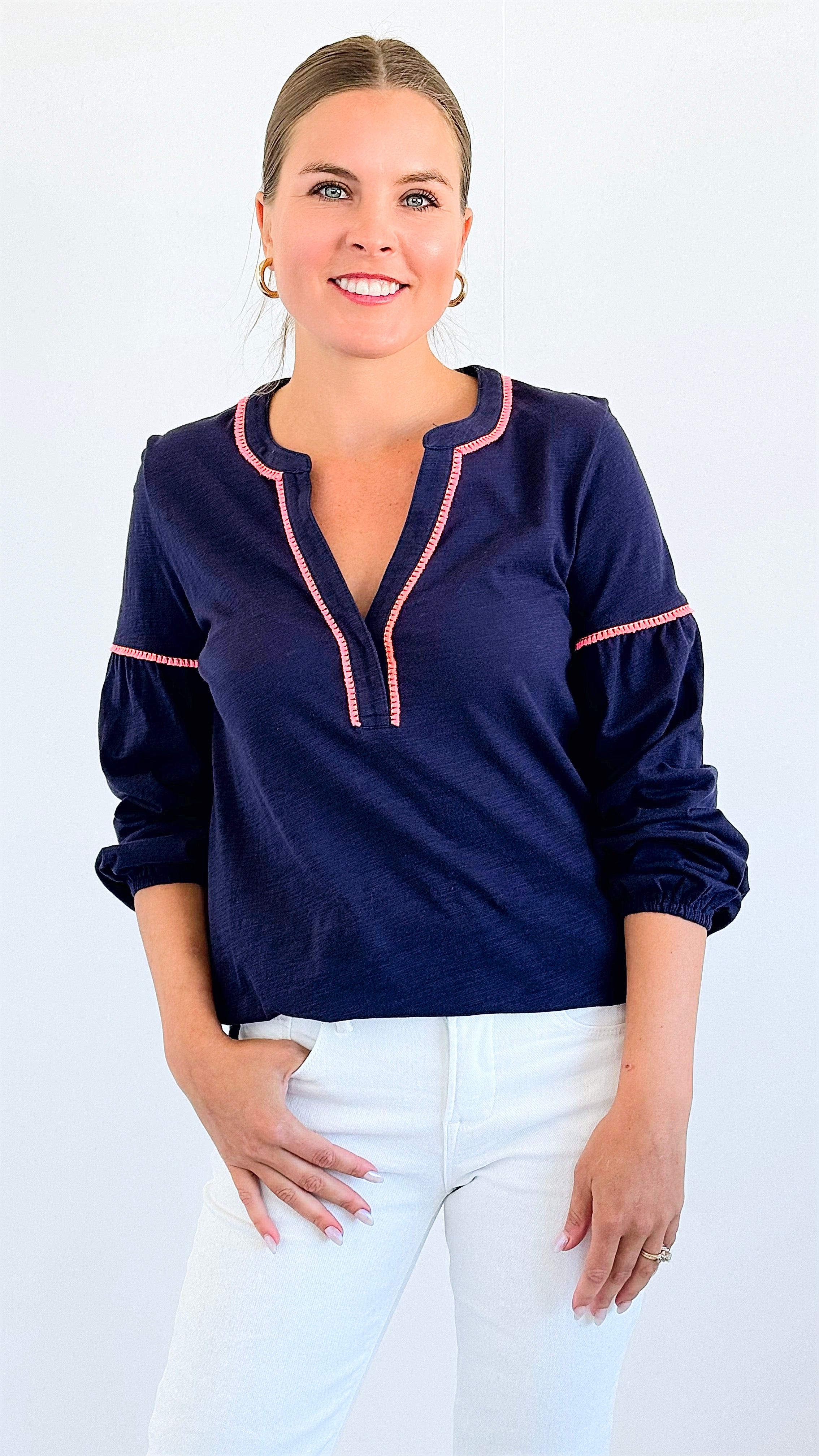 Tassel Contrast Cotton Tunic - Navy-130 Long Sleeve Tops-ARYEH-Coastal Bloom Boutique, find the trendiest versions of the popular styles and looks Located in Indialantic, FL
