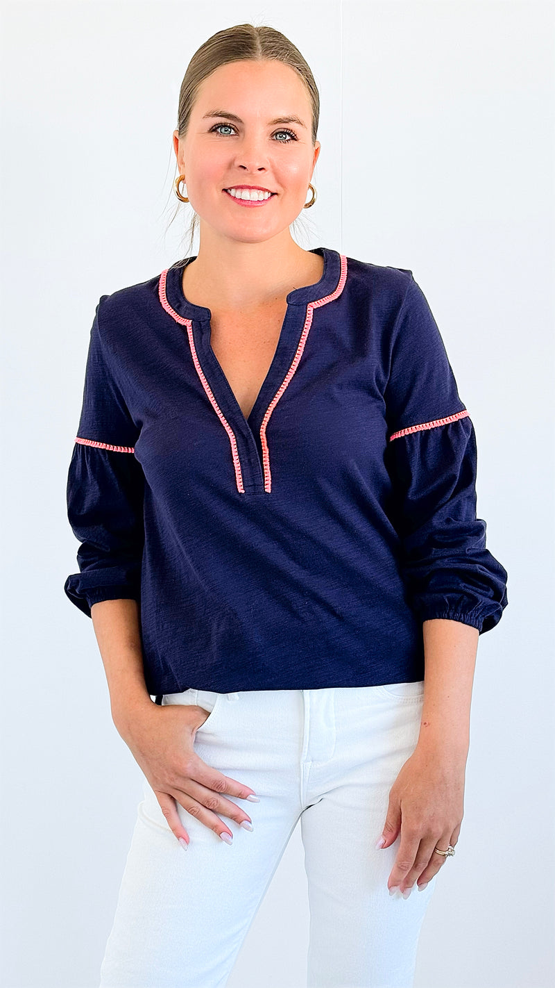 Tassel Contrast Cotton Tunic - Navy-130 Long Sleeve Tops-ARYEH-Coastal Bloom Boutique, find the trendiest versions of the popular styles and looks Located in Indialantic, FL