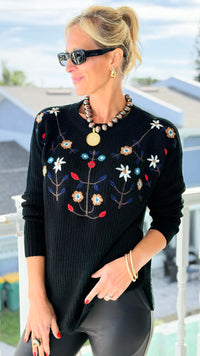 Midnight Meadow Embroidered Sweater-110 Long Sleeve Tops-simi bloom-Coastal Bloom Boutique, find the trendiest versions of the popular styles and looks Located in Indialantic, FL