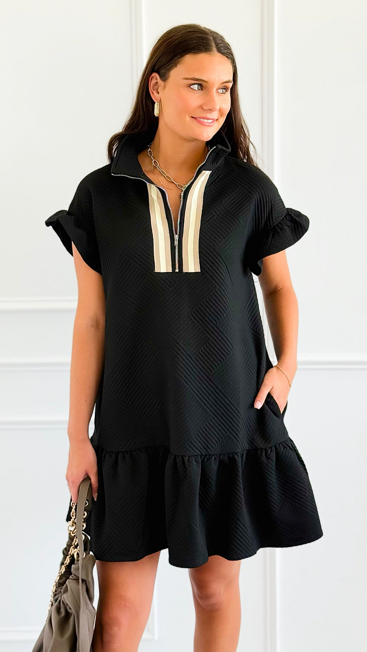 Jet Set Go Quilted Zip Mini Dress - Black-200 Dresses/Jumpsuits/Rompers-she + sky-Coastal Bloom Boutique, find the trendiest versions of the popular styles and looks Located in Indialantic, FL