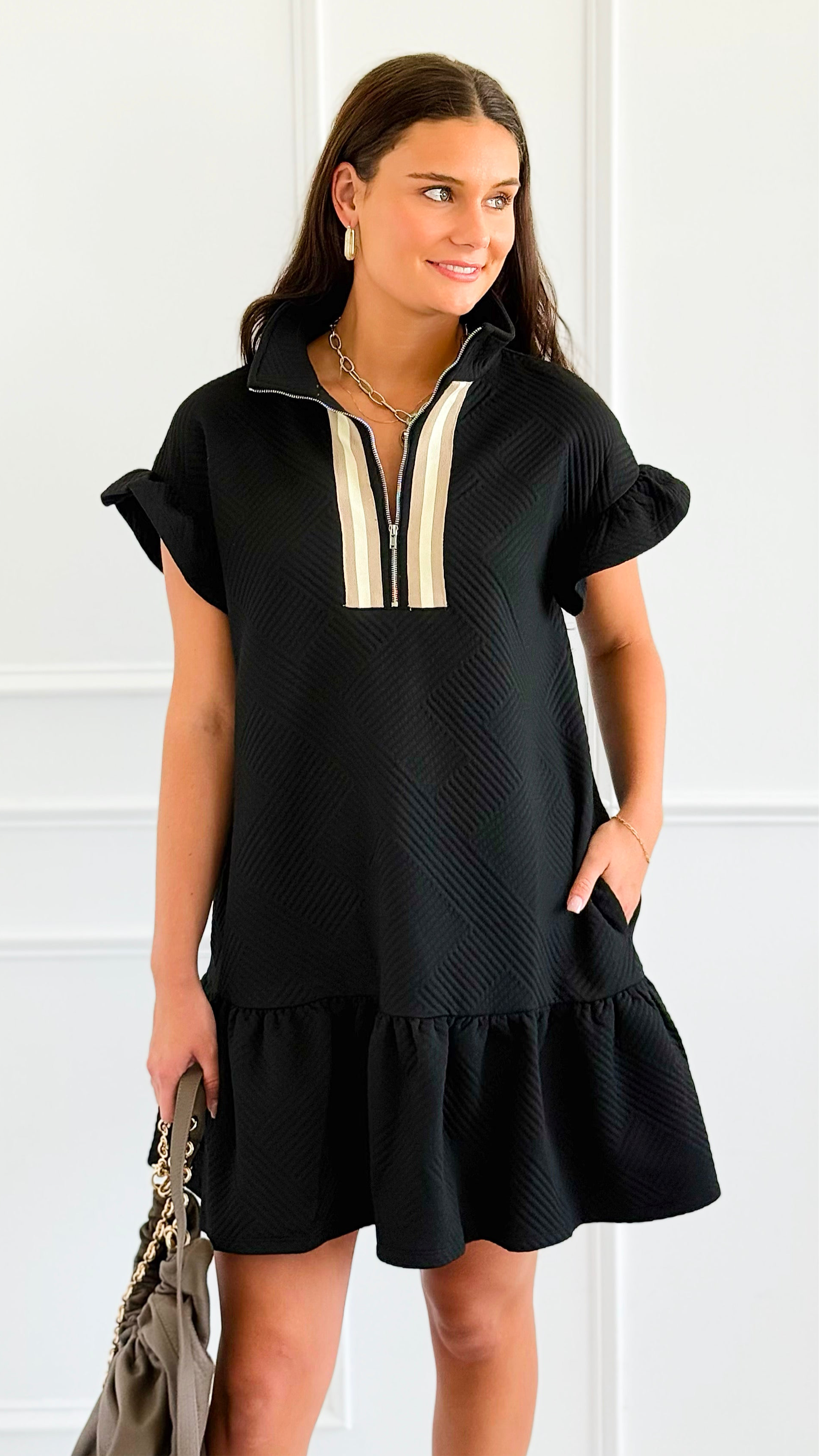 Jet Set Go Quilted Zip Mini Dress - Black-200 Dresses/Jumpsuits/Rompers-she + sky-Coastal Bloom Boutique, find the trendiest versions of the popular styles and looks Located in Indialantic, FL