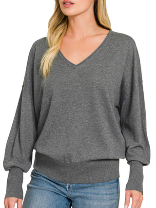 V-Neck Dolman Sleeve Lightweight Knit Top - Charcoal