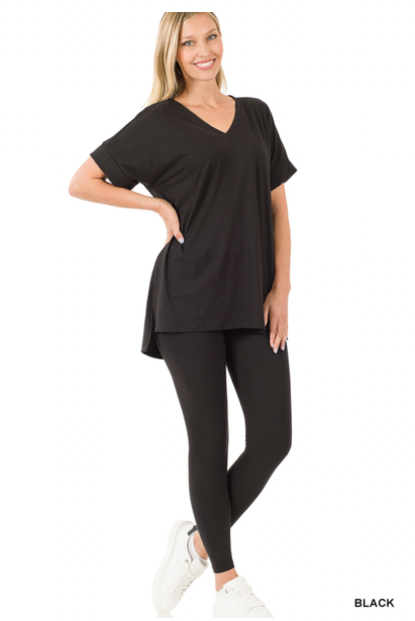 Short Sleeve Brushed Microfiber Lounge Set- Black-210 Loungewear/Sets-Zenana-Coastal Bloom Boutique, find the trendiest versions of the popular styles and looks Located in Indialantic, FL