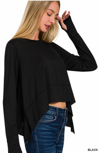 Shark Bite Side Slit Long Sleeve Top - Black-100 Sleeveless Tops-Zenana-Coastal Bloom Boutique, find the trendiest versions of the popular styles and looks Located in Indialantic, FL