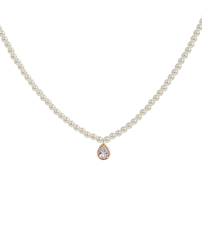 CZ Halo Pear Charm Pearl Necklace-230 Jewelry-Golden Stella-Coastal Bloom Boutique, find the trendiest versions of the popular styles and looks Located in Indialantic, FL