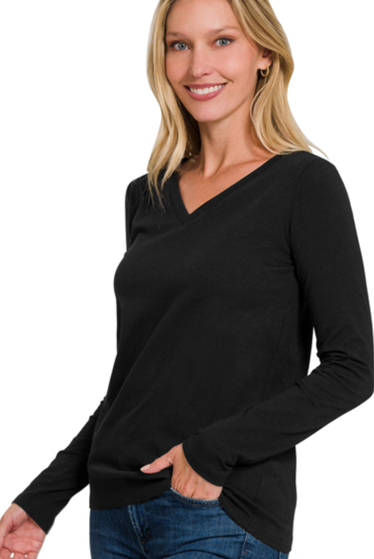 Cotton V-Neck Long Sleeve T-Shirt - Black-130 Long Sleeve Tops-Zenana-Coastal Bloom Boutique, find the trendiest versions of the popular styles and looks Located in Indialantic, FL