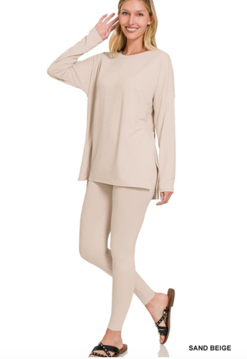 Brushed Microfiber Long Sleeve Lounge Set - Sand Beige-210 Loungewear/Sets-Zenana-Coastal Bloom Boutique, find the trendiest versions of the popular styles and looks Located in Indialantic, FL