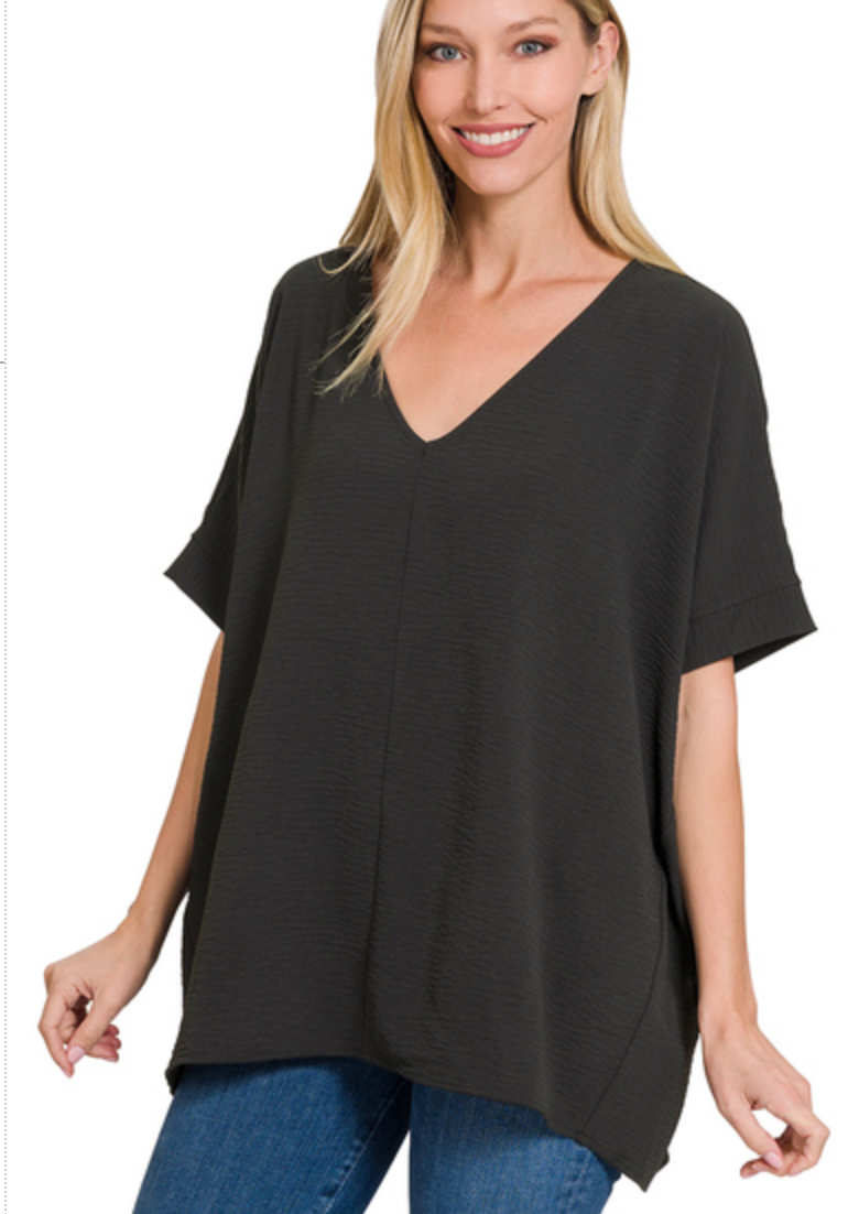 V-Neck Dolman Sleeve Top - Black-110 Short Sleeve Tops-Zenana-Coastal Bloom Boutique, find the trendiest versions of the popular styles and looks Located in Indialantic, FL