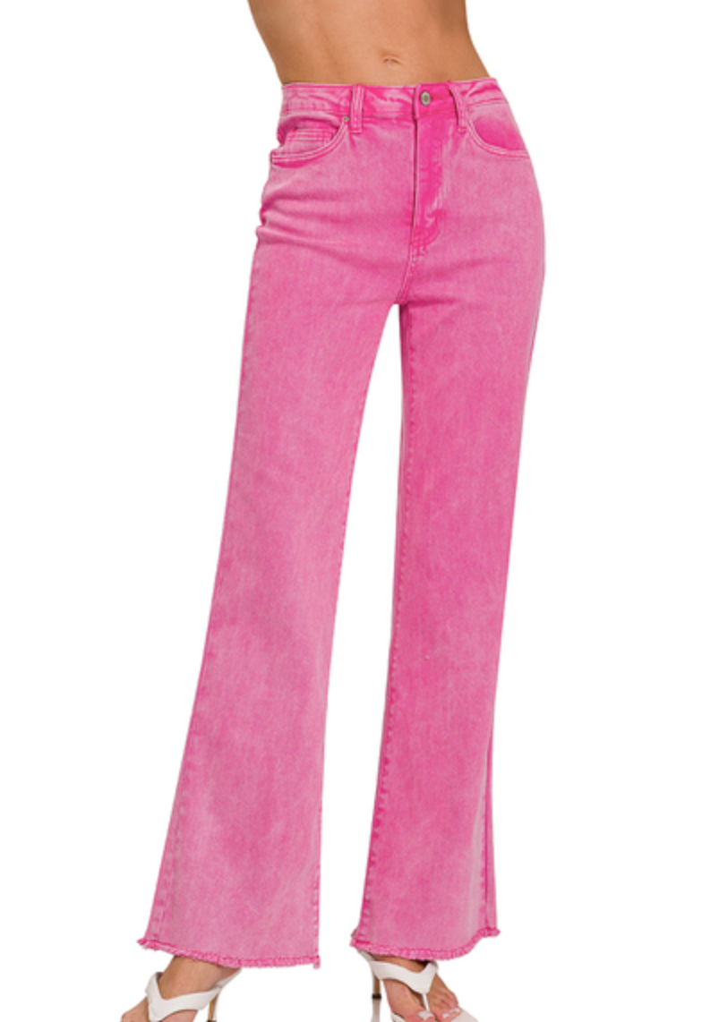 Acid Washed Frayed Cutoff Hem Straight Wide Pants - Hot Pink-170 Bottoms-Zenana-Coastal Bloom Boutique, find the trendiest versions of the popular styles and looks Located in Indialantic, FL