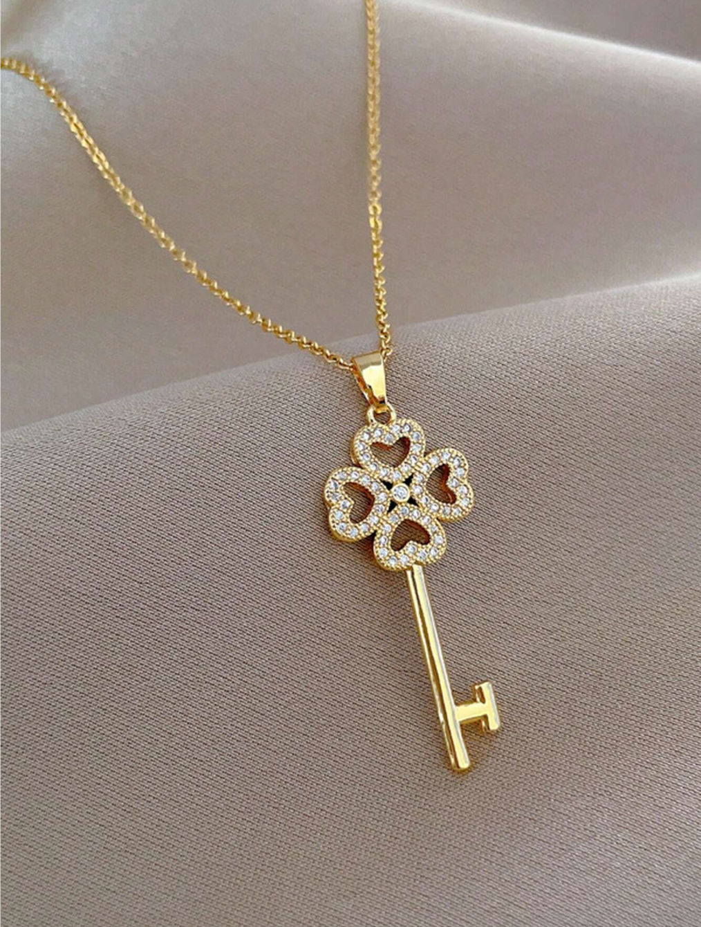 Stainless Steel CZ Lucky Clover Key Necklace-230 Jewelry-Darling-Coastal Bloom Boutique, find the trendiest versions of the popular styles and looks Located in Indialantic, FL