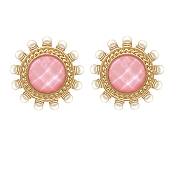 Dotted Pearl & Round Stone Earrings - Pink-230 Jewelry-GS JEWELRY-Coastal Bloom Boutique, find the trendiest versions of the popular styles and looks Located in Indialantic, FL