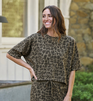 Leopard Weekend French Terry Italian Top - Taupe