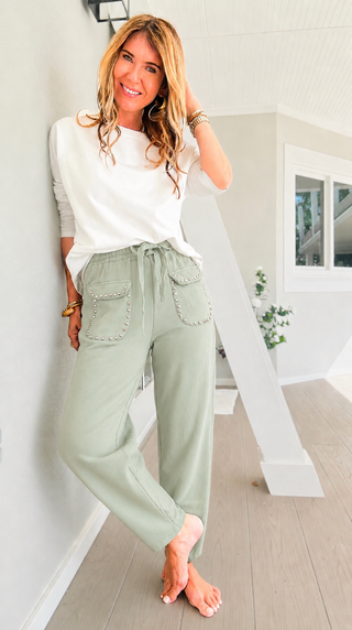 Studded Pocket Italian Jogger Pant - Olive
