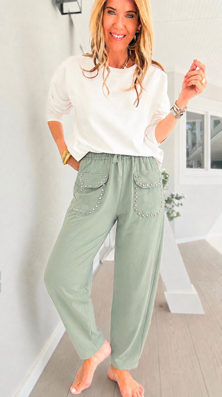 Studded Pocket Italian Jogger Pant - Olive
