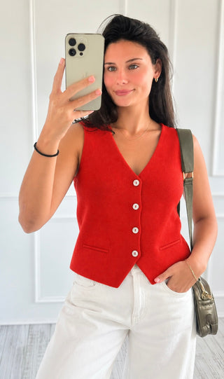 Classic V-Neck Knit Italian Vest - Orange