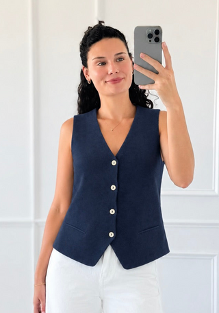 Classic V-Neck Knit Italian Vest - Navy
