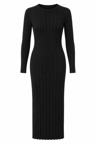 Ribbed Knit Midi Italian Dress - Black