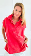 Weekend Ease Washed Collar Top - Red-110 Short Sleeve Tops-White Birch-Coastal Bloom Boutique, find the trendiest versions of the popular styles and looks Located in Indialantic, FL