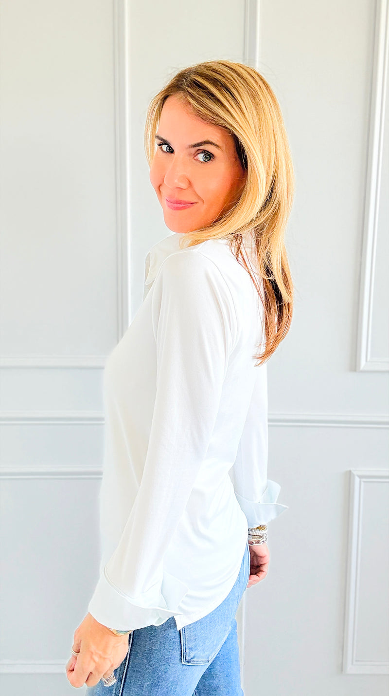 The Frankie Button Down Top - White-130 Long Sleeve Tops-EC COLLECTION INC-Coastal Bloom Boutique, find the trendiest versions of the popular styles and looks Located in Indialantic, FL