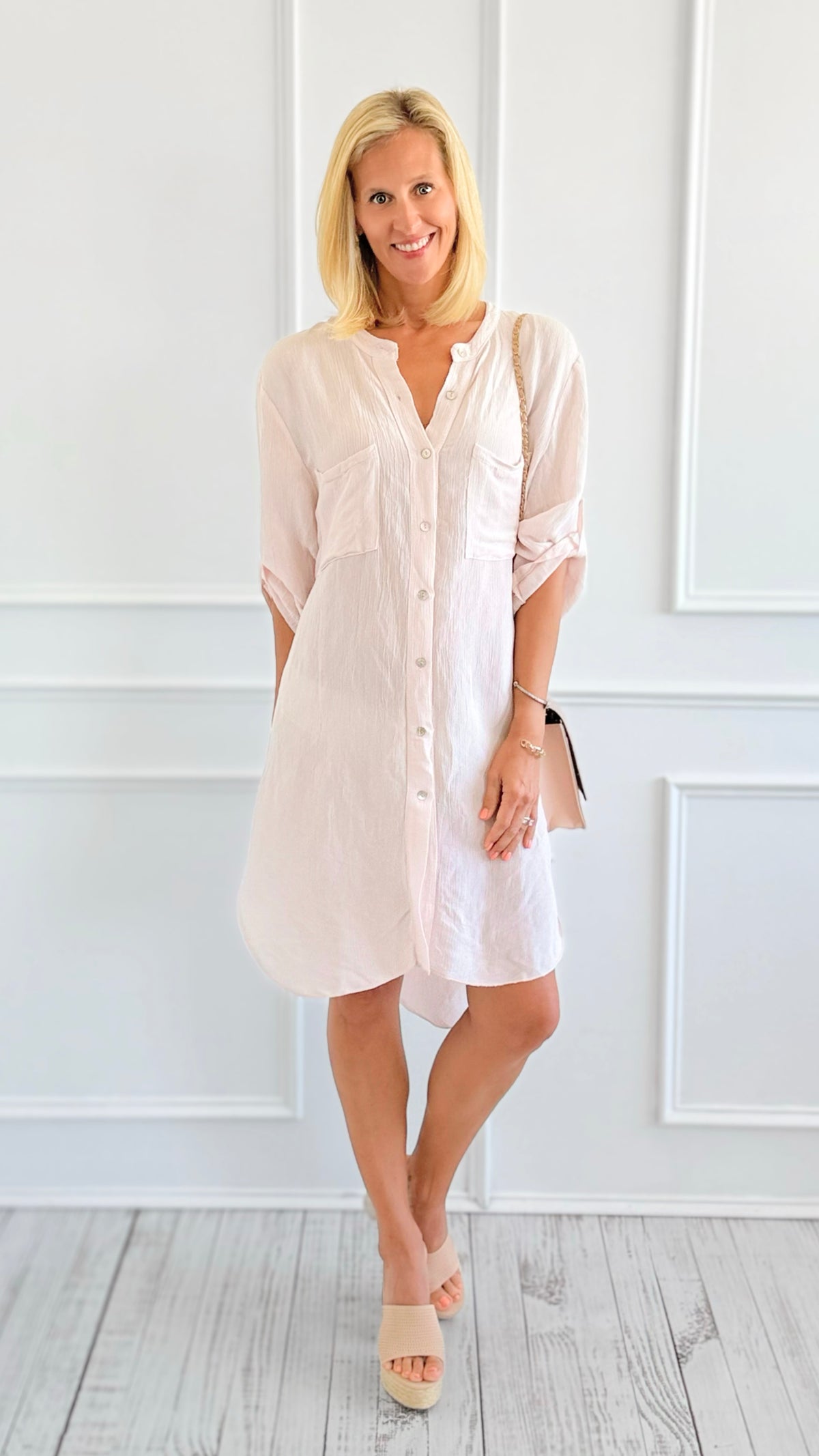 Santorini Chic Button-Down Tunic Dress- Blush-200 Dresses/Jumpsuits/Rompers-V6-Coastal Bloom Boutique, find the trendiest versions of the popular styles and looks Located in Indialantic, FL
