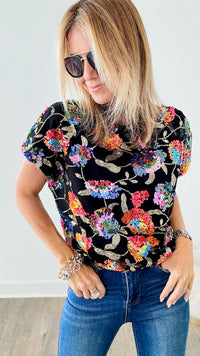 Raining Sequins Floral Off-the-Shoulder Blouse - Black Multi-110 Short Sleeve Tops-MAIN STRIP-Coastal Bloom Boutique, find the trendiest versions of the popular styles and looks Located in Indialantic, FL