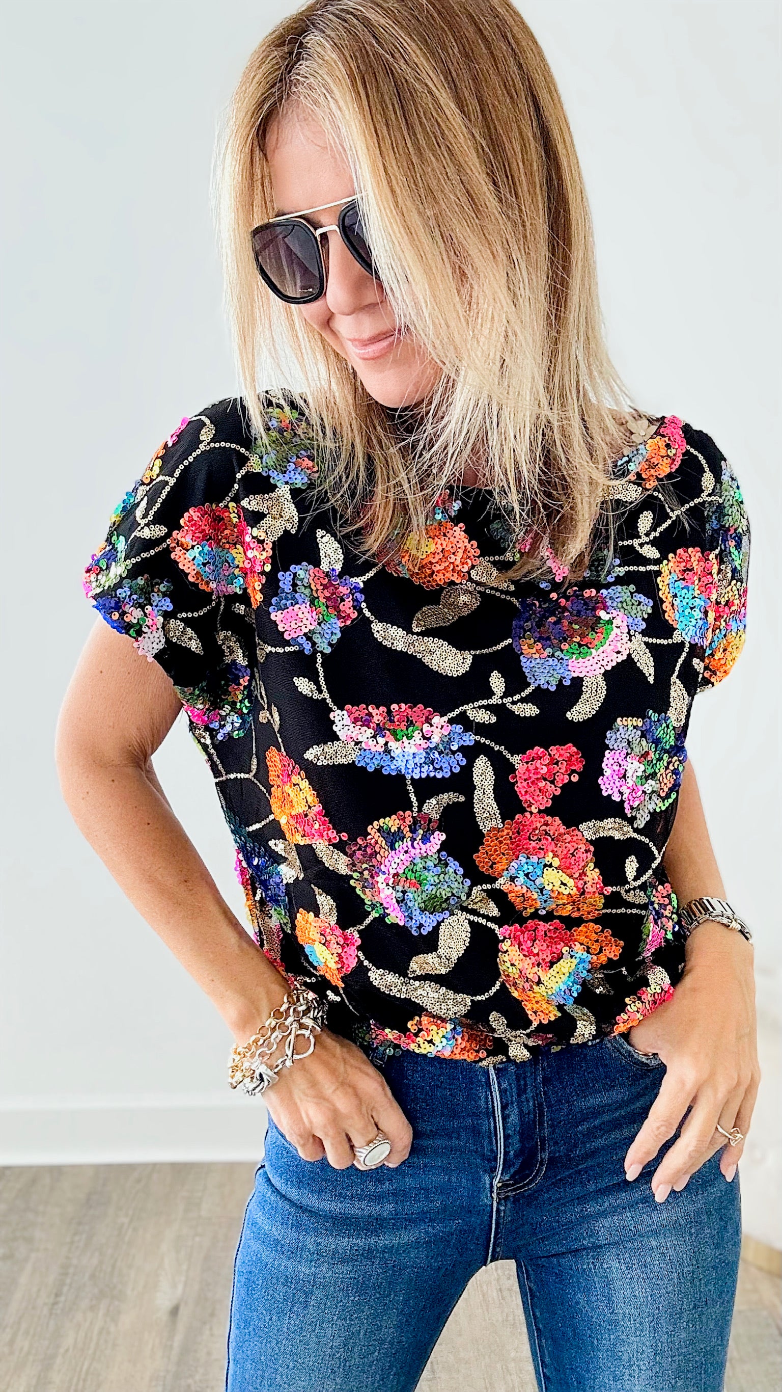Raining Sequins Floral Off-the-Shoulder Blouse - Black Multi-110 Short Sleeve Tops-MAIN STRIP-Coastal Bloom Boutique, find the trendiest versions of the popular styles and looks Located in Indialantic, FL