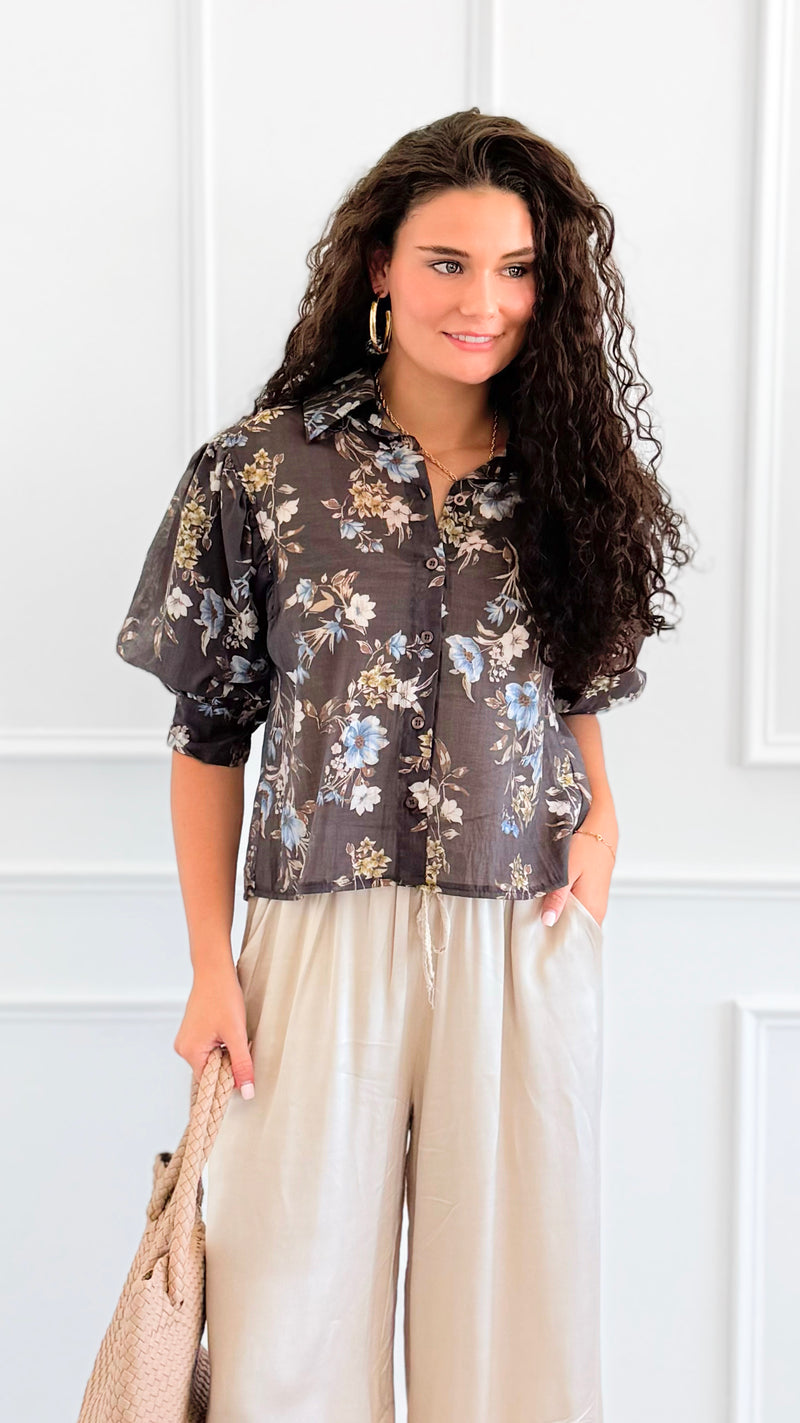 Botanical Romance Puff Sleeve Italian Button Down Top-110 short Sleeve Top-AZUL MONACO-Coastal Bloom Boutique, find the trendiest versions of the popular styles and looks Located in Indialantic, FL