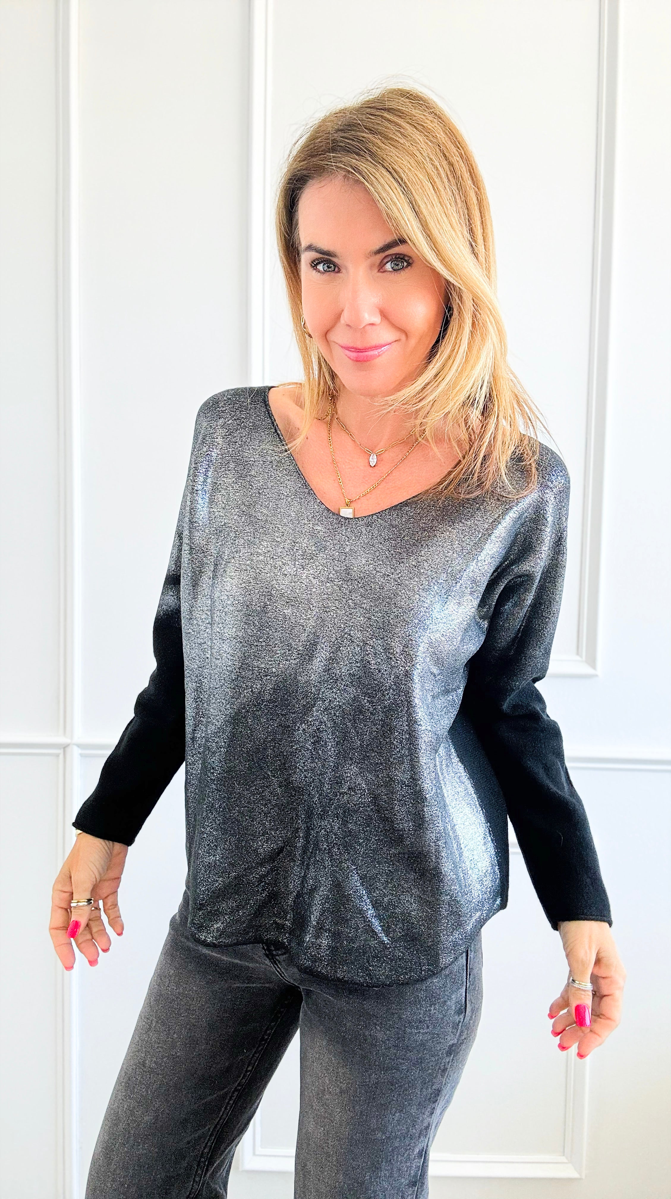 Silver Shine V-Neck Italian Pullover - Black-130 Long sleeve top-Italianissimo-Coastal Bloom Boutique, find the trendiest versions of the popular styles and looks Located in Indialantic, FL