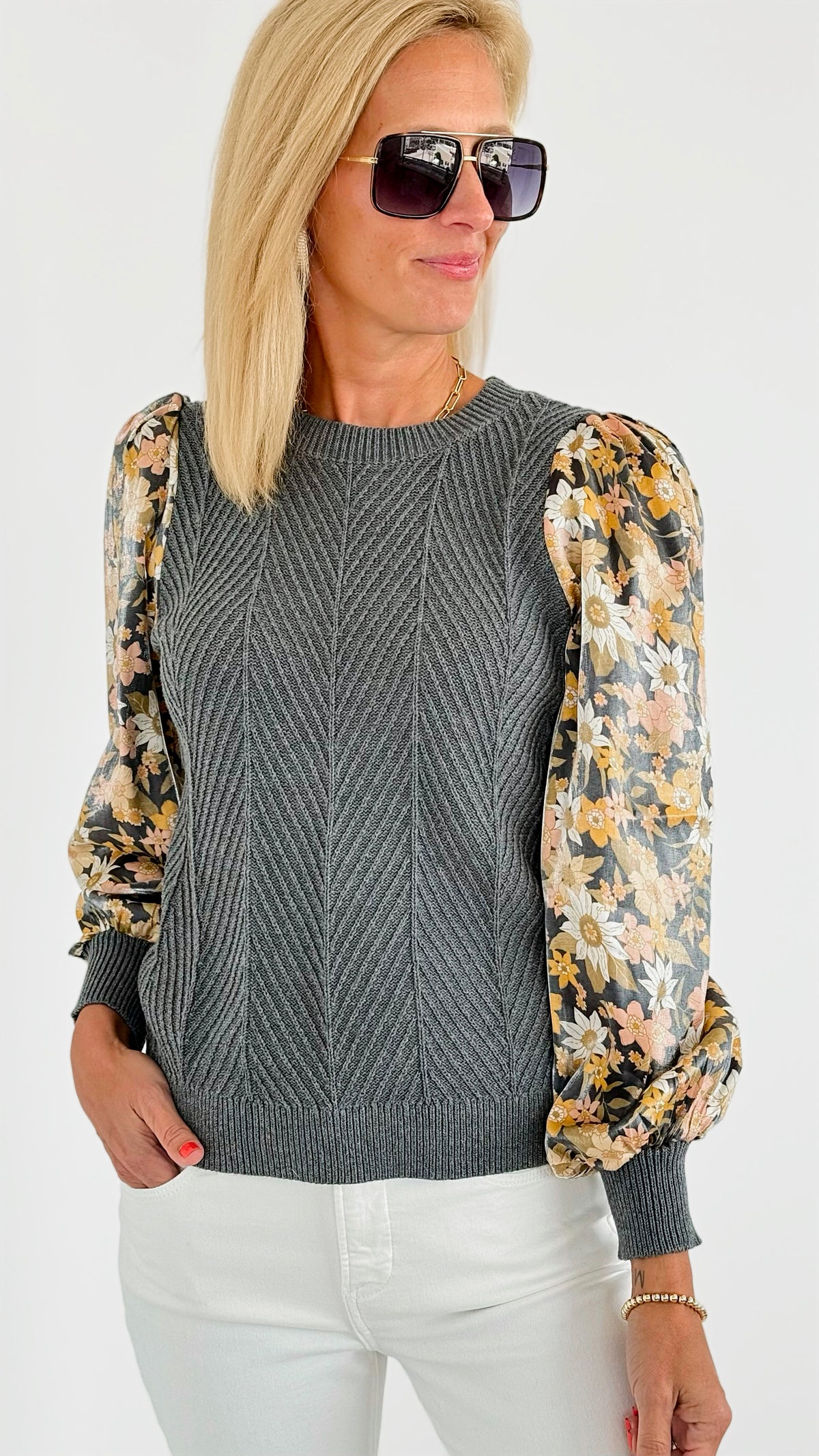 Floral Print Puff Sleeves Knit Sweater-140 Sweaters-Fate Inc-Coastal Bloom Boutique, find the trendiest versions of the popular styles and looks Located in Indialantic, FL