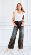 Velvet Wide-Leg Denim Pants - Brown-170 Bottoms-JJ'S FAIRYLAND-Coastal Bloom Boutique, find the trendiest versions of the popular styles and looks Located in Indialantic, FL