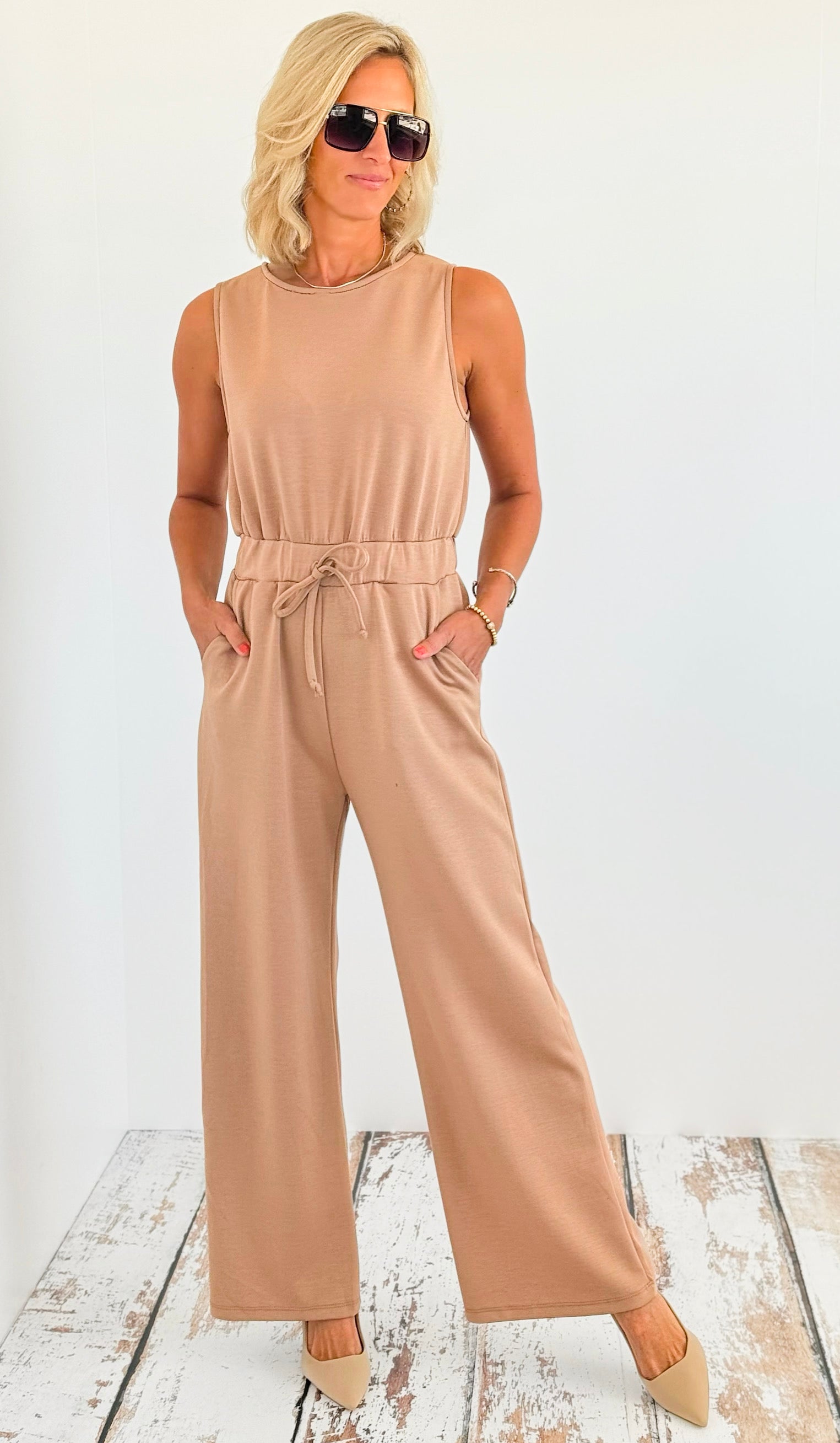 Sleeveless High-Rise Drawstring Wide Leg Jumpsuit-200 dresses/jumpsuits/rompers-BucketList-Coastal Bloom Boutique, find the trendiest versions of the popular styles and looks Located in Indialantic, FL