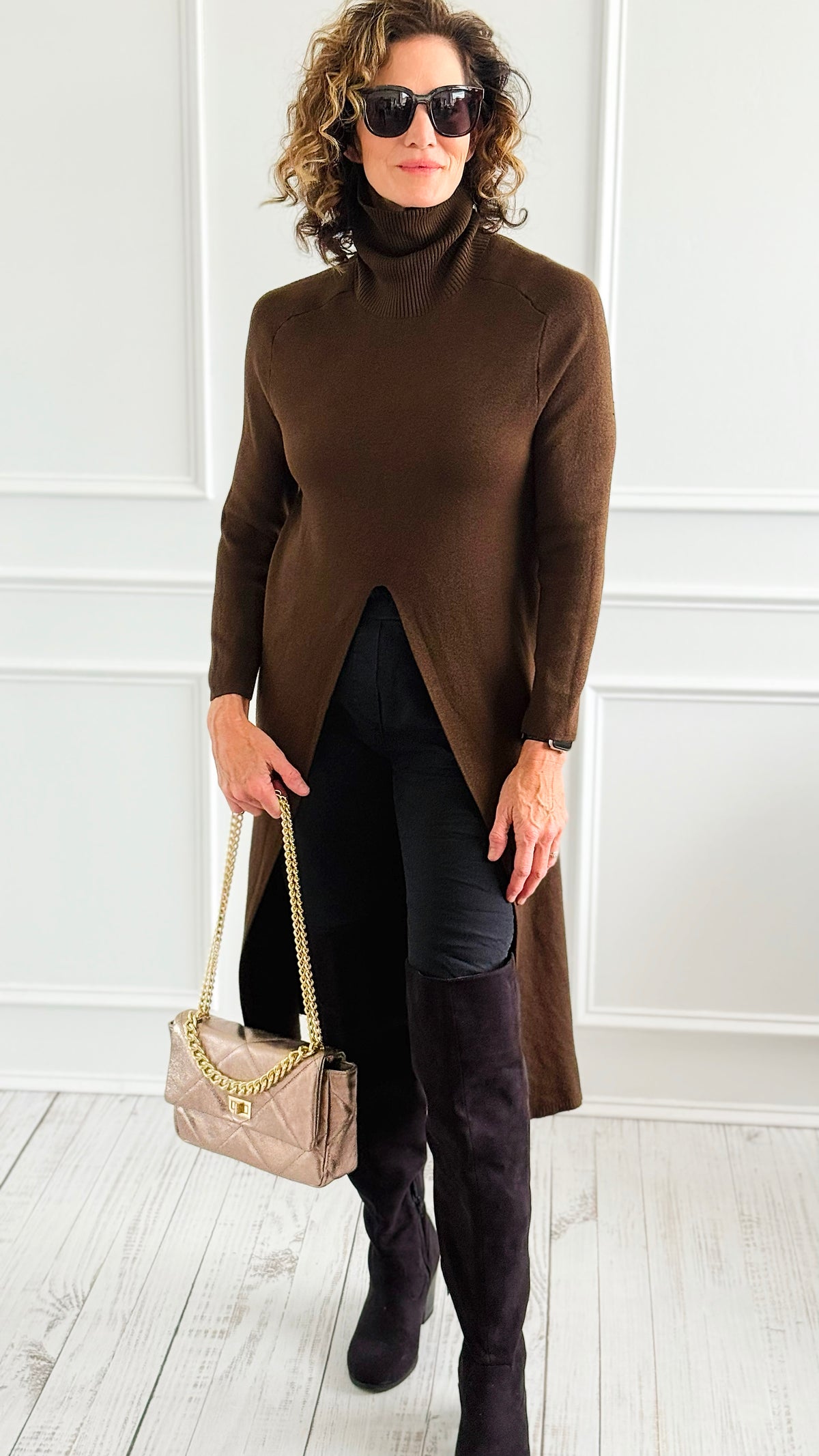 Chic Long Split Italian Sweater - Brown-150 Cardigans/Layers-Italianissimo/Z Studio-Coastal Bloom Boutique, find the trendiest versions of the popular styles and looks Located in Indialantic, FL