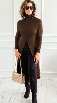Chic Long Split Italian Sweater - Brown-150 Cardigans/Layers-Italianissimo/Z Studio-Coastal Bloom Boutique, find the trendiest versions of the popular styles and looks Located in Indialantic, FL