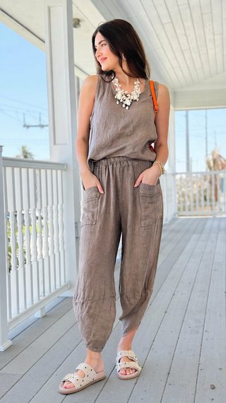 La Spezia Barrel Linen Italian Pant- Taupe