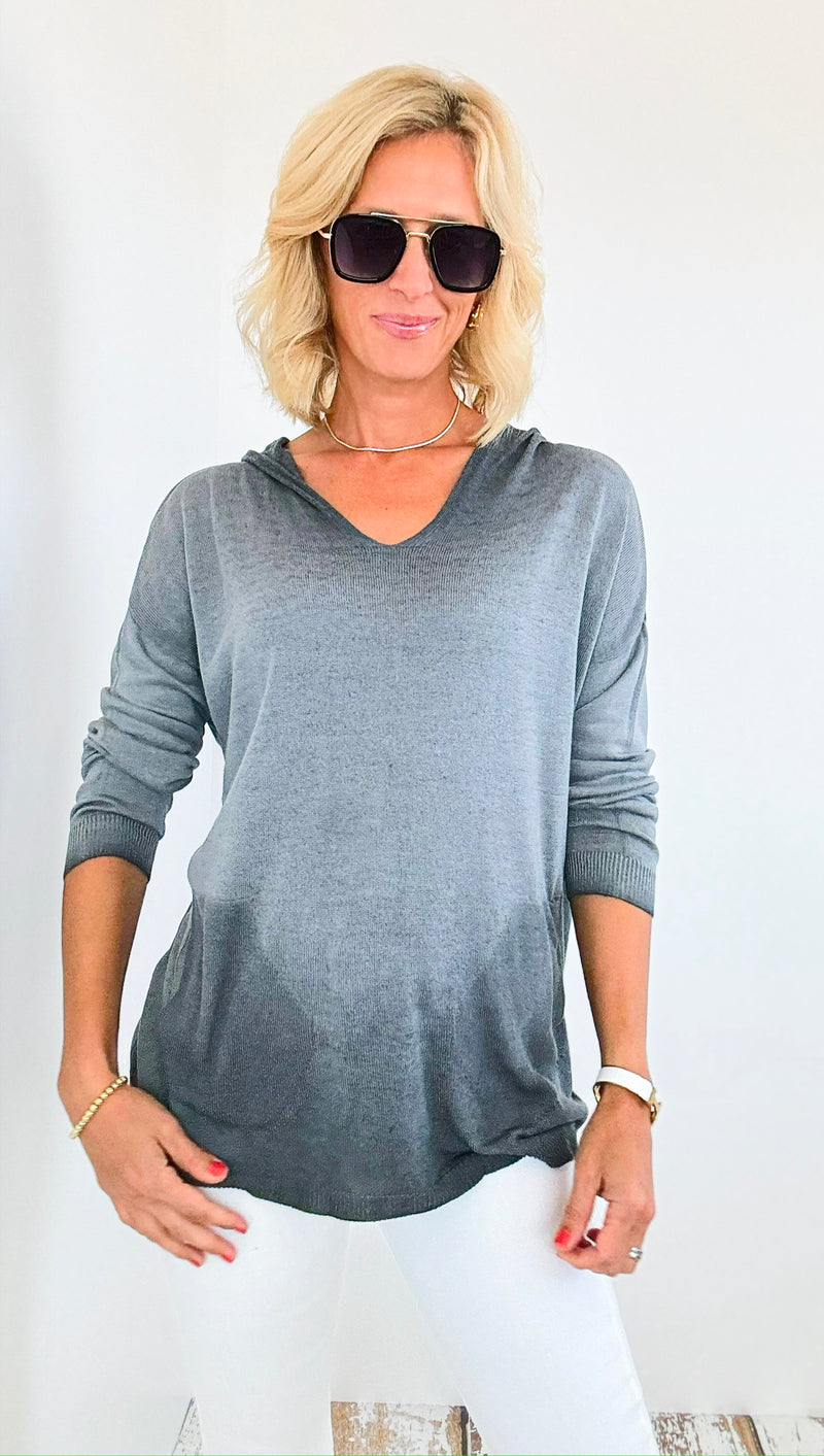 Hoodie V-Neck Italian Sweatshirt Top - Gray-130 Long Sleeve Tops-Tempo-Coastal Bloom Boutique, find the trendiest versions of the popular styles and looks Located in Indialantic, FL