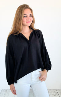 Savannah Breeze Peasant Blouse - Black-130 Long Sleeve Tops-ROUSSEAU-Coastal Bloom Boutique, find the trendiest versions of the popular styles and looks Located in Indialantic, FL