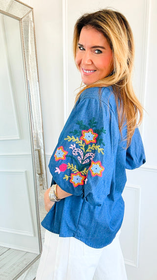 Bloom Stitch Puff Sleeve Italian Button Top
