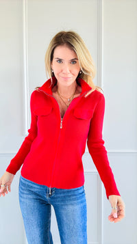 Bold Elegance Zip-Up Knit Top - Red-130 Long Sleeve Tops-Chasing Bandits-Coastal Bloom Boutique, find the trendiest versions of the popular styles and looks Located in Indialantic, FL