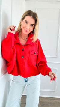 French Terry Buttoned Down Top - Red-130 Long Sleeve Tops-BucketList-Coastal Bloom Boutique, find the trendiest versions of the popular styles and looks Located in Indialantic, FL