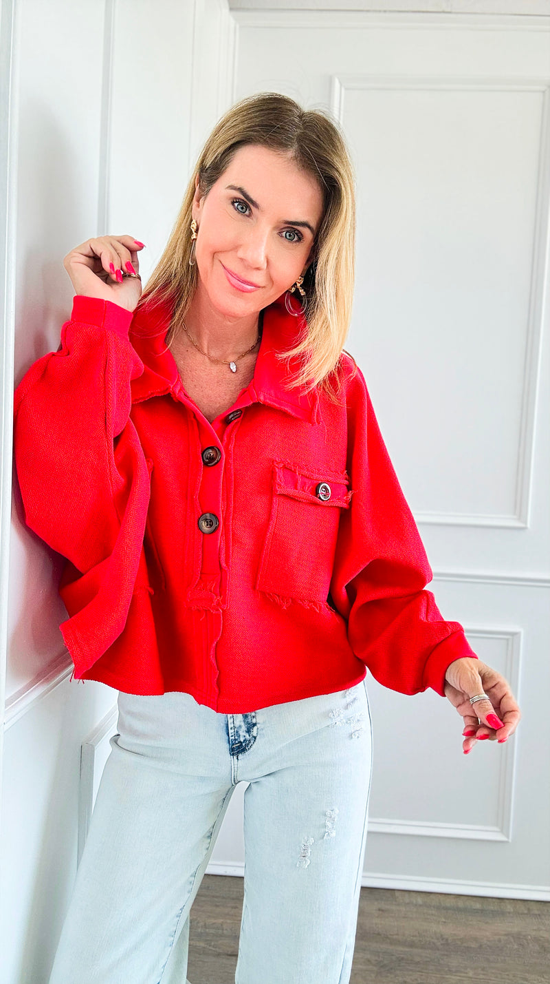 French Terry Buttoned Down Top - Red-130 Long Sleeve Tops-BucketList-Coastal Bloom Boutique, find the trendiest versions of the popular styles and looks Located in Indialantic, FL