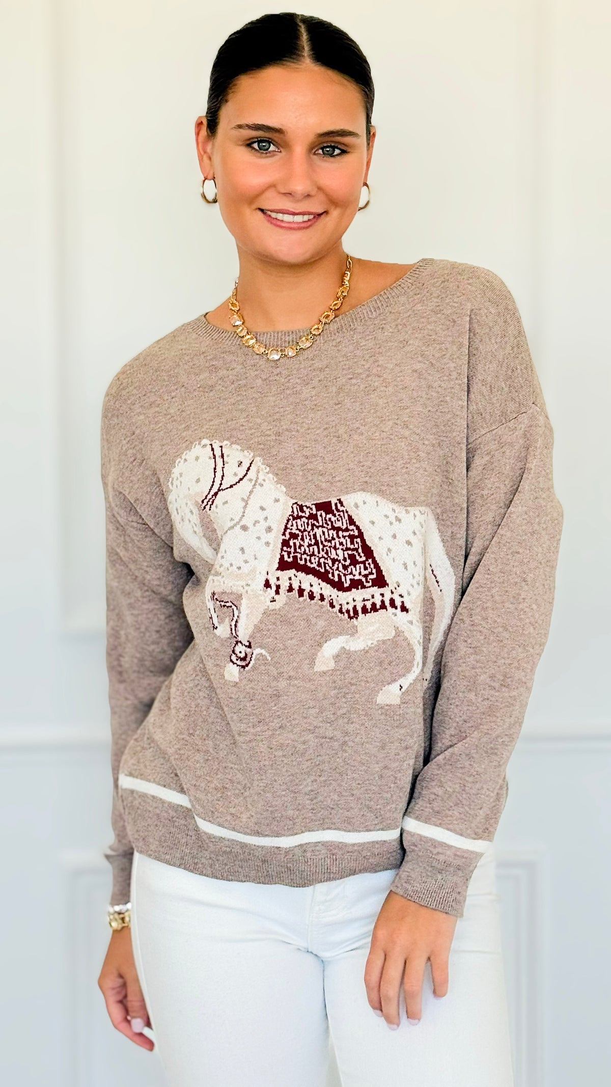 Equestrian Parade Italian Sweater- Beige-140 Sweaters-K2-Coastal Bloom Boutique, find the trendiest versions of the popular styles and looks Located in Indialantic, FL