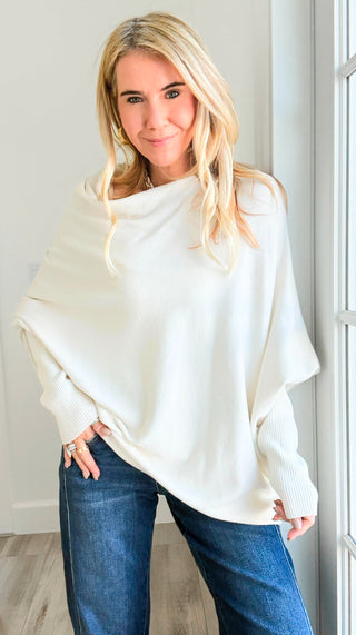 Relaxed Cowl Neck Ribbed Cuff Italian Sweater - Off White