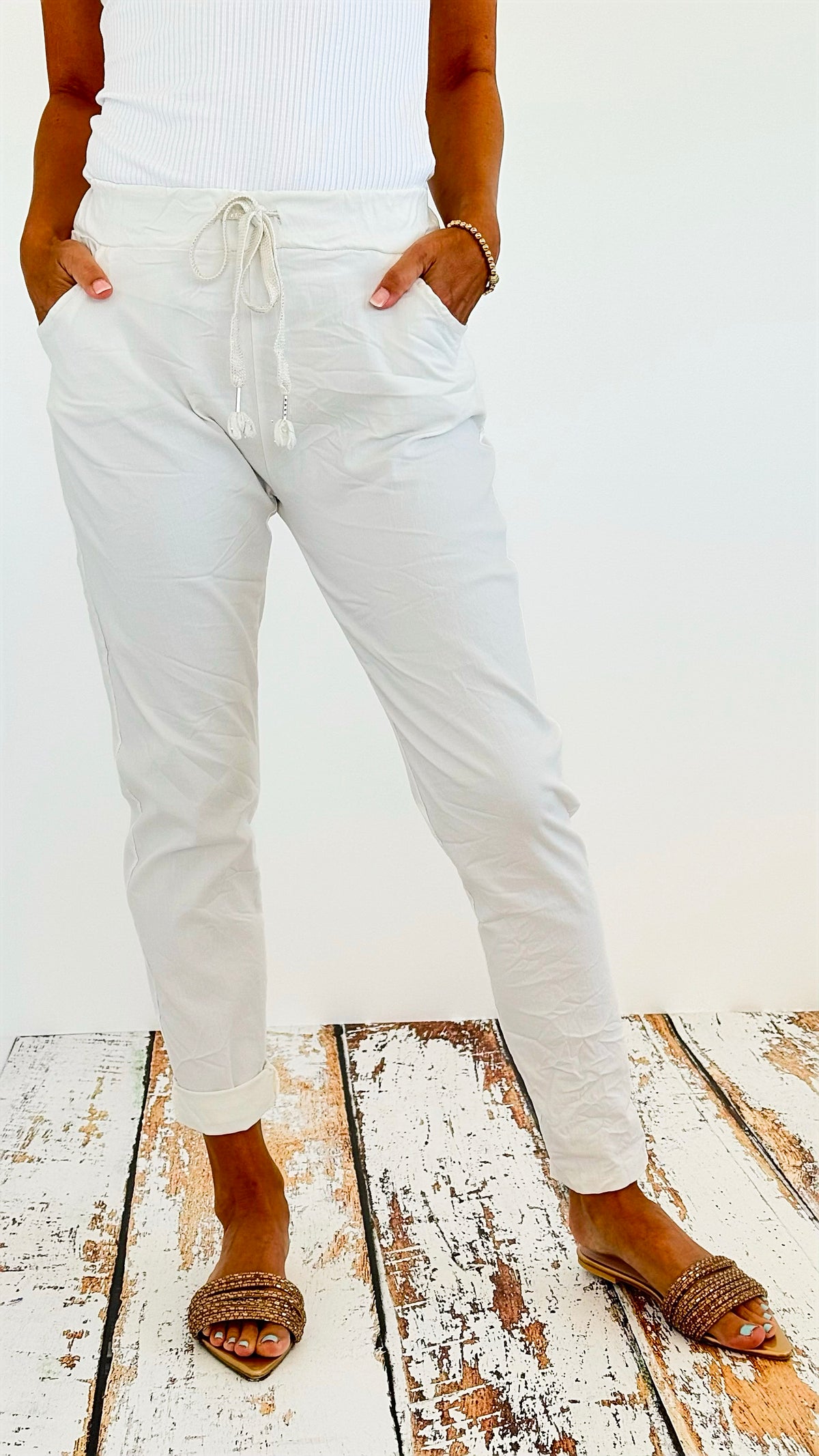 Shimmer Tie Italian Jogger - Ivory-pants-Italianissimo-Coastal Bloom Boutique, find the trendiest versions of the popular styles and looks Located in Indialantic, FL