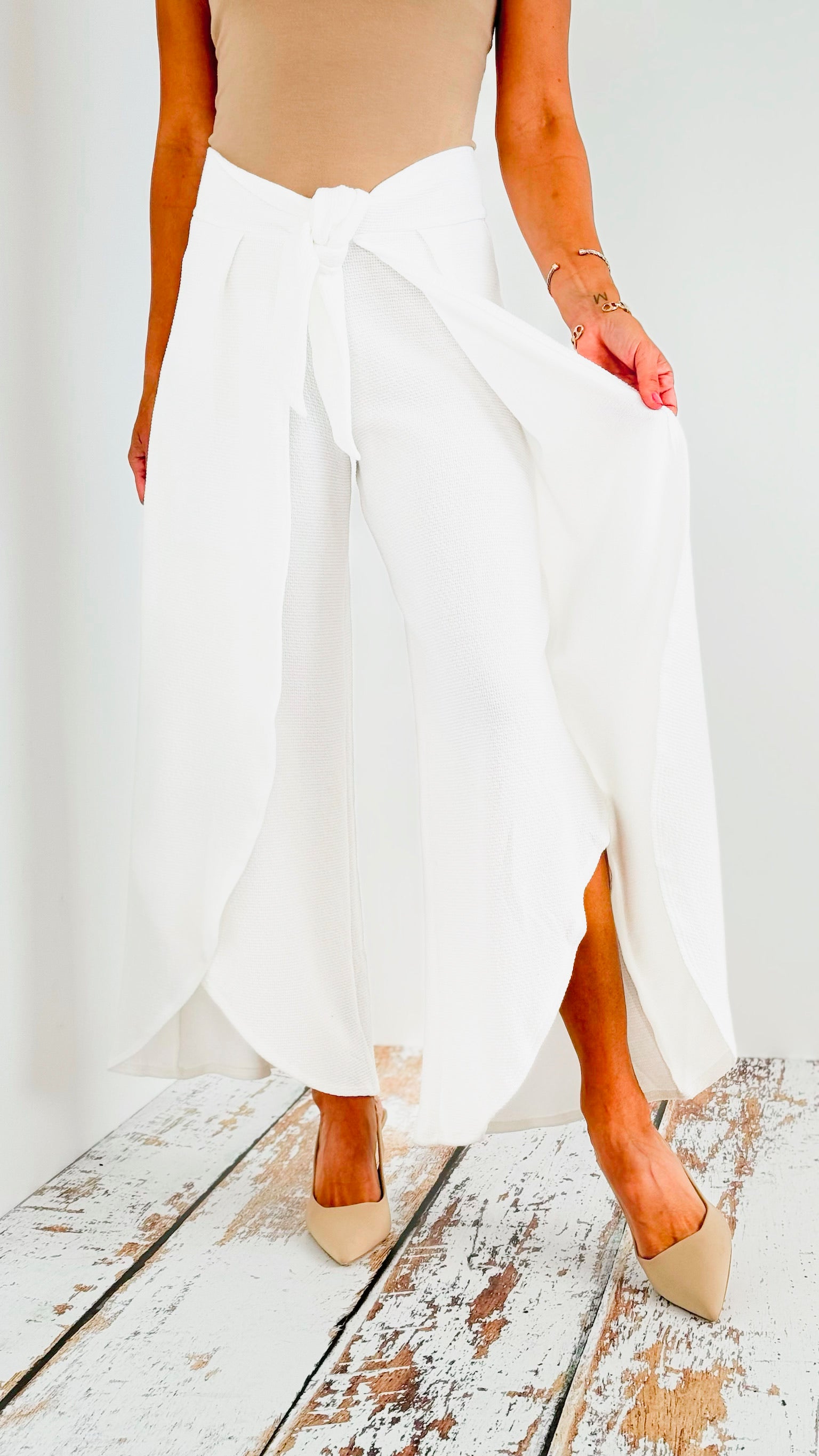 High-Waisted Split-Leg Pants with Front Tie - White-pants-BucketList-Coastal Bloom Boutique, find the trendiest versions of the popular styles and looks Located in Indialantic, FL