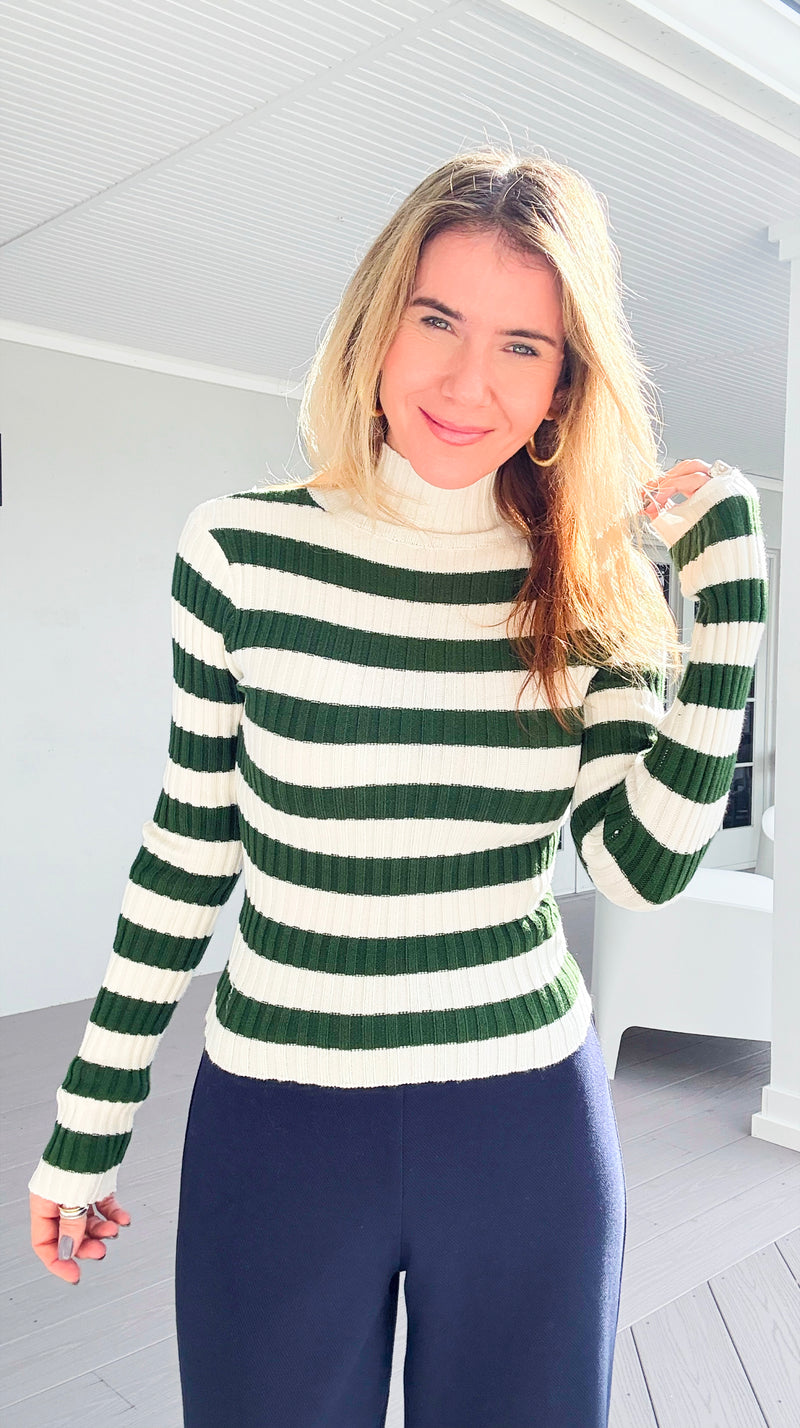 Long Sleeve Ribbed Stripe Sweater - Ivory/Green-140 Sweaters-Active Basic-Coastal Bloom Boutique, find the trendiest versions of the popular styles and looks Located in Indialantic, FL