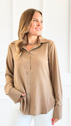 Sierra Luxe Button Down Top - Tan-130 Long Sleeve Tops-Must Have-Coastal Bloom Boutique, find the trendiest versions of the popular styles and looks Located in Indialantic, FL