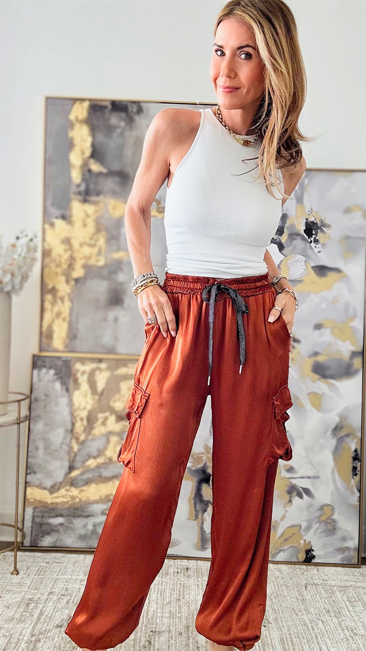 Glossy Cargo Italian Pant -Tobacco-180 Joggers-moda italia-Coastal Bloom Boutique, find the trendiest versions of the popular styles and looks Located in Indialantic, FL