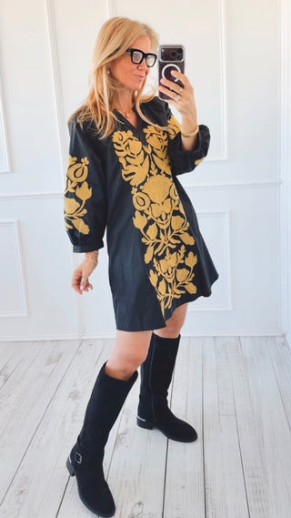 Botanical Embroidered V-Neck Dress