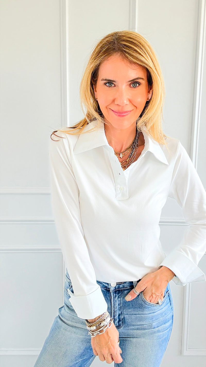 The Frankie Button Down Top - White-130 Long Sleeve Tops-EC COLLECTION INC-Coastal Bloom Boutique, find the trendiest versions of the popular styles and looks Located in Indialantic, FL