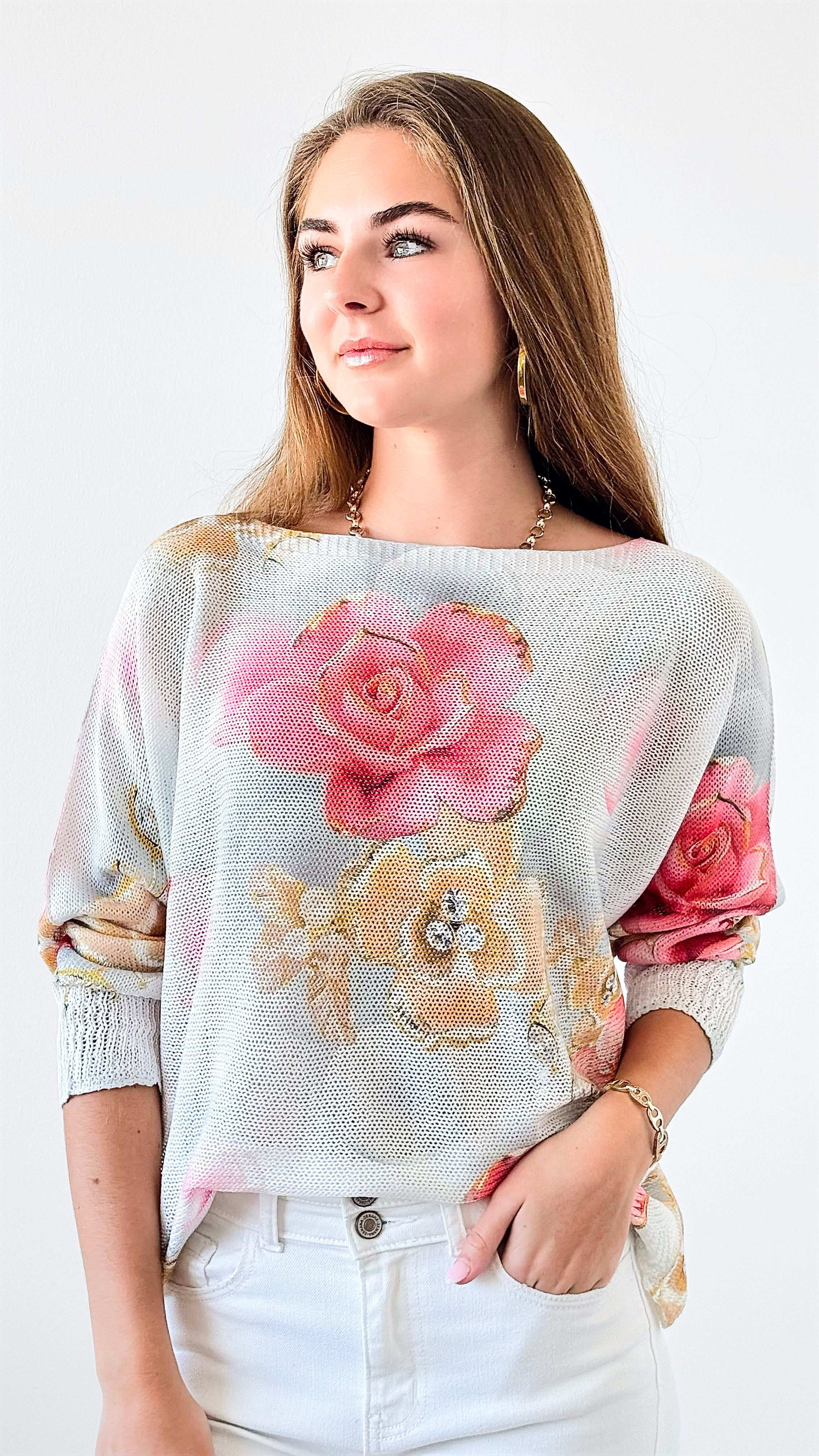 Rose Whimsical Italian St Tropez Knit-140 Sweaters-Italianissimo-Coastal Bloom Boutique, find the trendiest versions of the popular styles and looks Located in Indialantic, FL